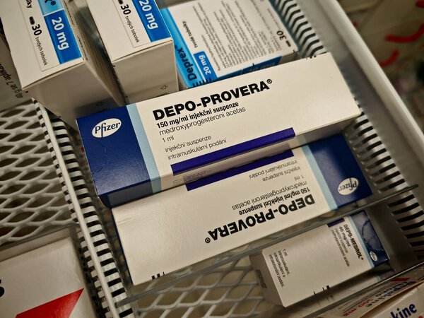 Прага, Чешская Республика - 9 июня 2025 года: DEPO-PROVERA by PFIZER, containing MEDROXYPROGESTERONE ACETATE, is an injectable contraceptive used for long-term birth control by preventing ovulation