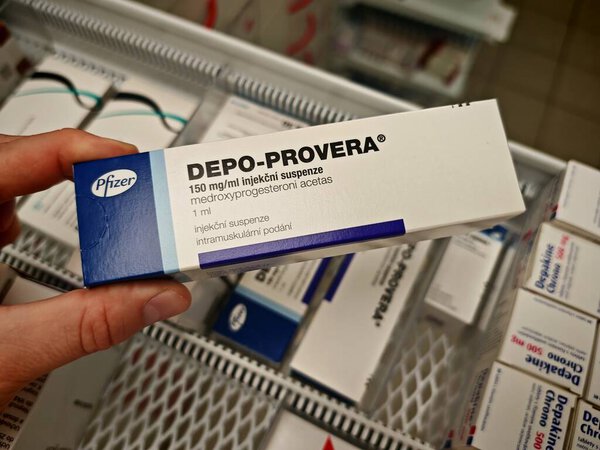 Прага, Чешская Республика - 9 июня 2025 года: DEPO-PROVERA by PFIZER, containing MEDROXYPROGESTERONE ACETATE, is an injectable contraceptive used for long-term birth control by preventing ovulation