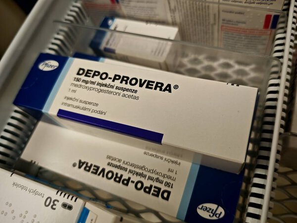 Прага, Чешская Республика - 9 июня 2025 года: DEPO-PROVERA by PFIZER, containing MEDROXYPROGESTERONE ACETATE, is an injectable contraceptive used for long-term birth control by preventing ovulation
