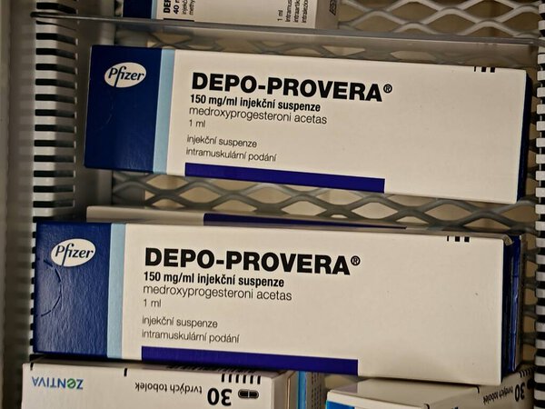 Прага, Чешская Республика - 9 июня 2025 года: DEPO-PROVERA by PFIZER, containing MEDROXYPROGESTERONE ACETATE, is an injectable contraceptive used for long-term birth control by preventing ovulation