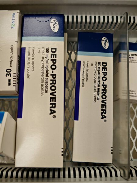 Прага, Чешская Республика - 9 июня 2025 года: DEPO-PROVERA by PFIZER, containing MEDROXYPROGESTERONE ACETATE, is an injectable contraceptive used for long-term birth control by preventing ovulation