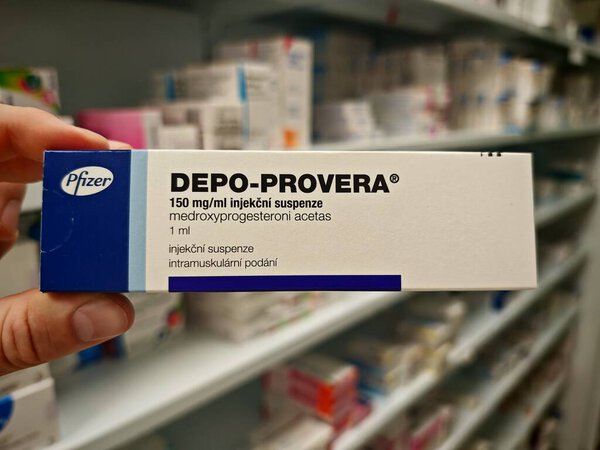 Прага, Чешская Республика - 9 июня 2025 года: DEPO-PROVERA by PFIZER, containing MEDROXYPROGESTERONE ACETATE, is an injectable contraceptive used for long-term birth control by preventing ovulation
