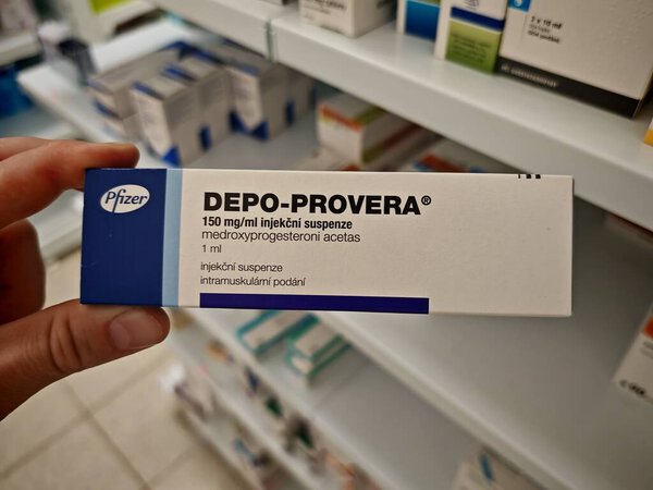 Прага, Чешская Республика - 9 июня 2025 года: DEPO-PROVERA by PFIZER, containing MEDROXYPROGESTERONE ACETATE, is an injectable contraceptive used for long-term birth control by preventing ovulation