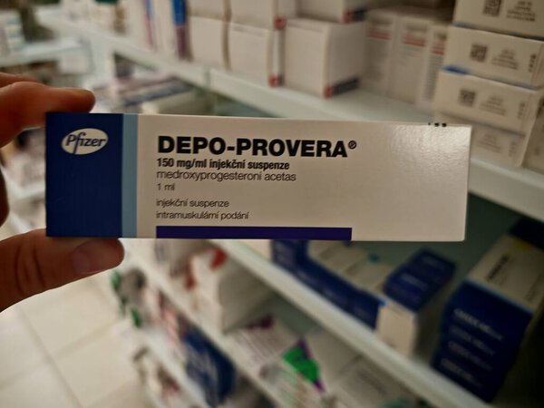 Прага, Чешская Республика - 9 июня 2025 года: DEPO-PROVERA by PFIZER, containing MEDROXYPROGESTERONE ACETATE, is an injectable contraceptive used for long-term birth control by preventing ovulation