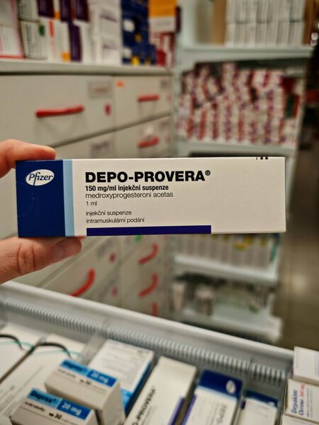 Прага, Чешская Республика - 9 июня 2025 года: DEPO-PROVERA by PFIZER, containing MEDROXYPROGESTERONE ACETATE, is an injectable contraceptive used for long-term birth control by preventing ovulation