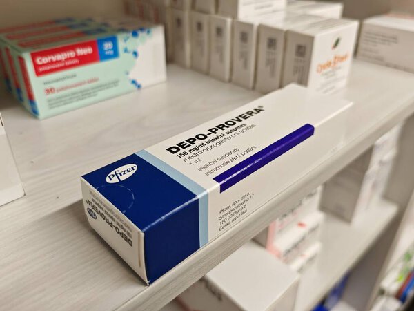 Прага, Чешская Республика - 9 июня 2025 года: DEPO-PROVERA by PFIZER, containing MEDROXYPROGESTERONE ACETATE, is an injectable contraceptive used for long-term birth control by preventing ovulation