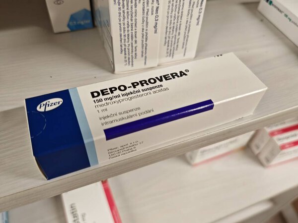 Прага, Чешская Республика - 9 июня 2025 года: DEPO-PROVERA by PFIZER, containing MEDROXYPROGESTERONE ACETATE, is an injectable contraceptive used for long-term birth control by preventing ovulation