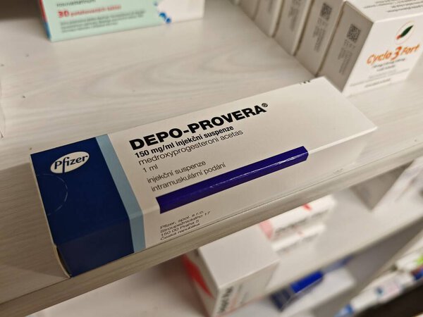 Прага, Чешская Республика - 9 июня 2025 года: DEPO-PROVERA by PFIZER, containing MEDROXYPROGESTERONE ACETATE, is an injectable contraceptive used for long-term birth control by preventing ovulation