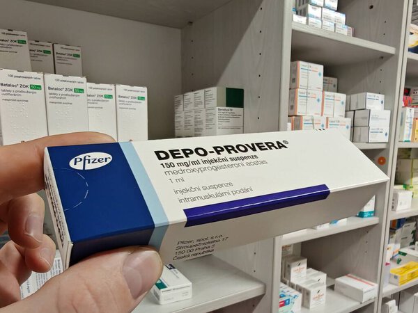 Прага, Чешская Республика - 9 июня 2025 года: DEPO-PROVERA by PFIZER, containing MEDROXYPROGESTERONE ACETATE, is an injectable contraceptive used for long-term birth control by preventing ovulation