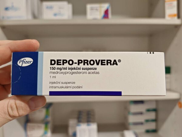 Прага, Чешская Республика - 9 июня 2025 года: DEPO-PROVERA by PFIZER, containing MEDROXYPROGESTERONE ACETATE, is an injectable contraceptive used for long-term birth control by preventing ovulation