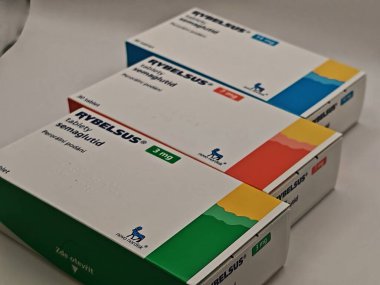 Prag, Çek Cumhuriyeti - 10 Mayıs 2025: NOVO NORDISK tarafından SEMAGLUTIDE aktif maddeyle RYBELSUS ilaç kutusu, tip 2 diyabet ve kan şekerini kontrol etmek için kullanılır.