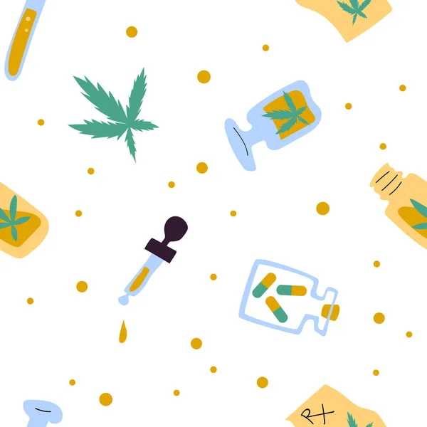 Medical cannabis seamless vector pattern on white - Stok Vektor