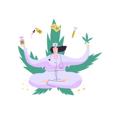 Marihuana içmiş esrar ile çevrili bir doktor.