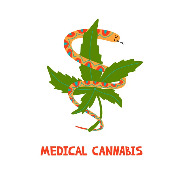 Ular dengan ganja. Logo untuk cannabies medis - Stok Vektor