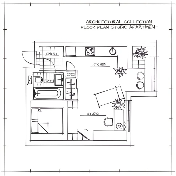 Blueprint. Studio lägenhet — Stock vektor