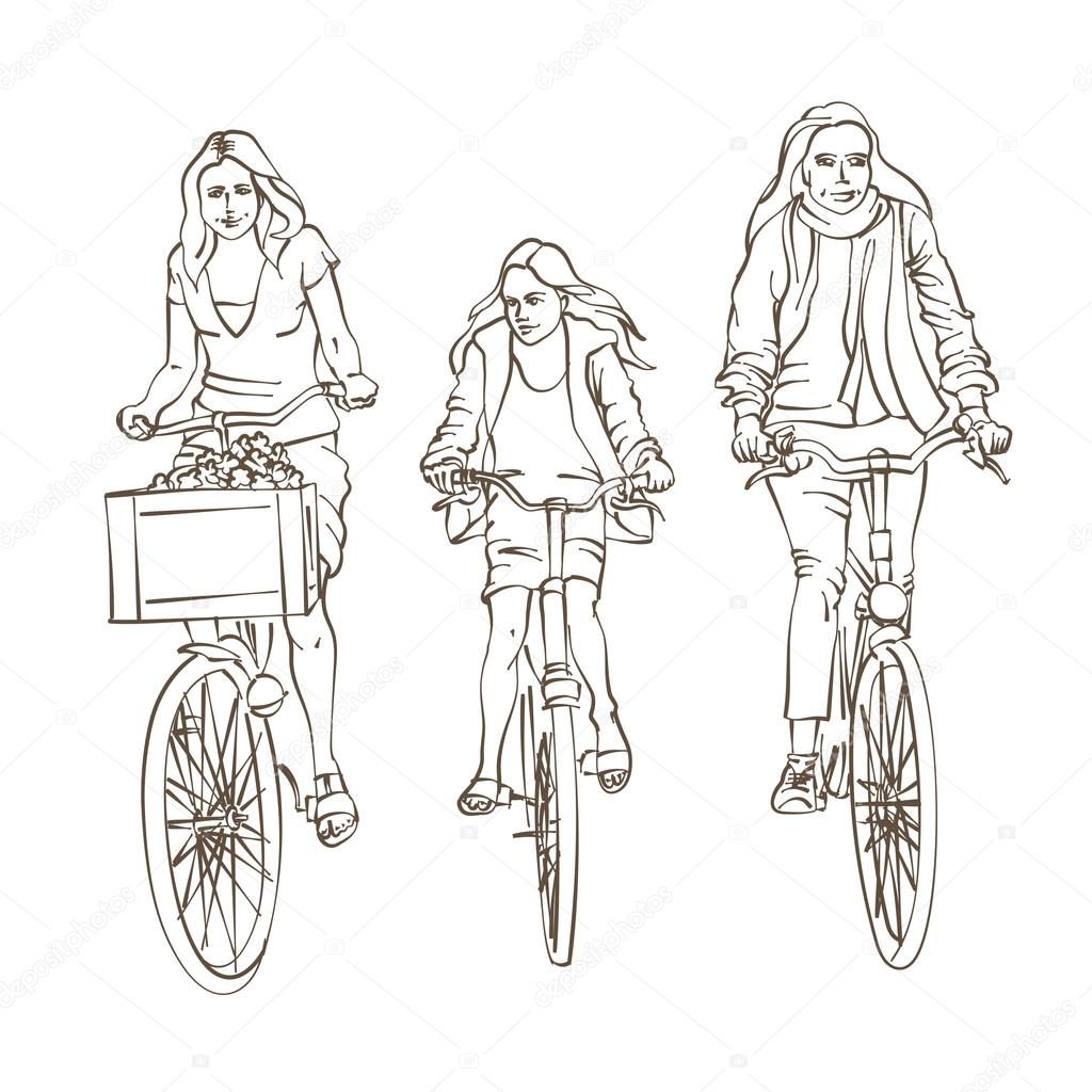 Sketch of Bicycling Family