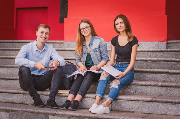 Étudiants heureux se tiennent sur une échelle et communiquer — Photo