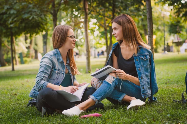 Heureuse étudiante assise sur la pelouse dans le parc et parlant — Photo