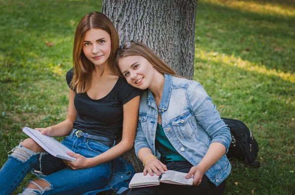 Счастливая студентка сидит на траве рядом с деревом с книгами — стоковое фото