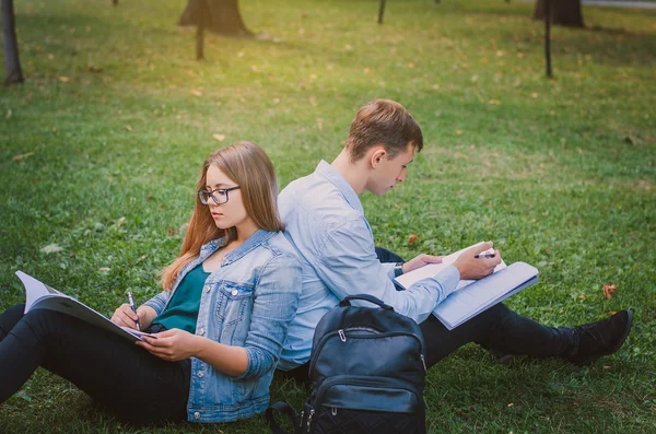 Étudiants gars et la fille dans le parc assis sur l'herbe et la lecture d'un livre. Concept d'éducation — Photo