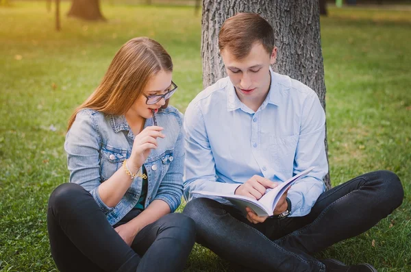 Studenti ragazzo e la ragazza nel parco seduto sull'erba e la lettura di un libro. Concetto educativo — Foto Stock