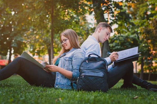 Estudiantes chico y la chica en el parque sentado en el césped y leyendo un libro. Concepto educativo — Foto de Stock