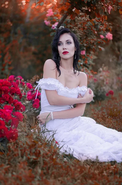 Bela jovem morena em um vestido branco longo sentado nos arbustos no jardim com rosas. Noiva. — Fotografia de Stock