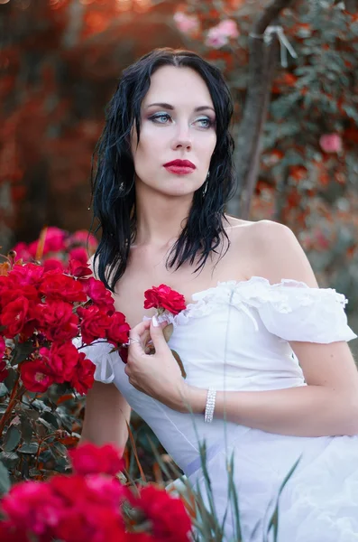 Beautiful young brunette woman in a long white dress sitting in the bushes in the garden with roses. Bride — 스톡 사진