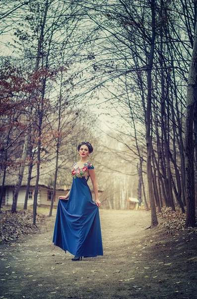 Linda morena delgada em um longo vestido azul na aldeia ucraniana — Fotografia de Stock