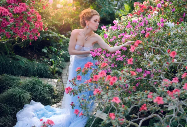 Beautiful girl in a long blue dress walk in the garden among the vibrant colors — Stok fotoğraf