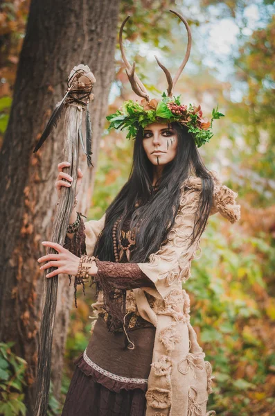 Bela morena com rosto pintado, em uma coroa de flores e uma equipe de madeira em sua mão, olhando para a frente beligerantemente — Fotografia de Stock