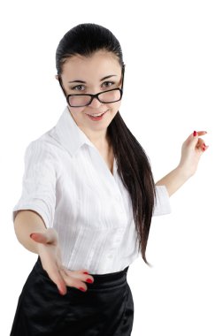 business woman smiling and holding out his hands for a handshake. White background. Studio shot