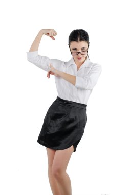 nasıl stong olduğunu göstermek için mutlu bir iş kadını kol kasları esneme. İzole beyaz arka plan