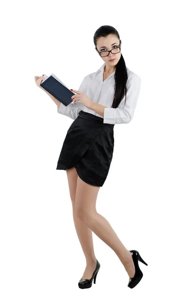 Full body business woman holding a pen and diary. Isolated on white — Stockfoto