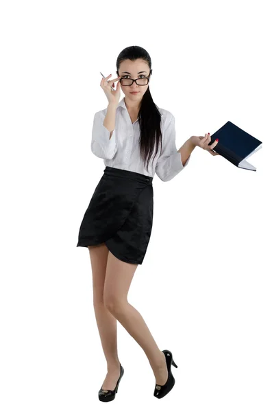 Full body business woman holding a pen and diary. Isolated on white — Stok fotoğraf