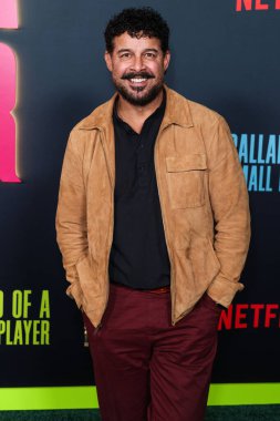 American actor Jon Huertas arrives at the Los Angeles Special Screening Of Netflix's 'Ballad Of A Small Player' held at The Egyptian Theatre Hollywood on October 14, 2025 in Hollywood, Los Angeles, California, United States.