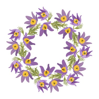 Pasque çiçek çerçevesi. İzole edilmiş arkaplan ile düz vektör clipart illüstrasyonu.