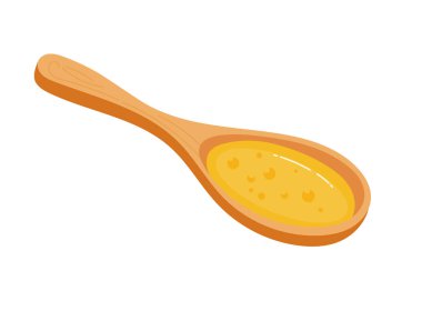 Tahta kaşıkta hardal. Düz vektör clipart, izole edilmiş arkaplan ile illüstrasyon.