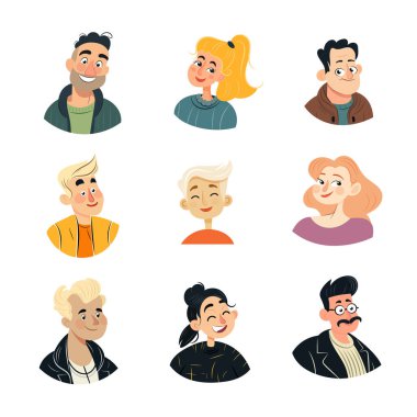 Sevimli çizgi film insanları. Düz vektör clipart, izole edilmiş arkaplan ile illüstrasyon.