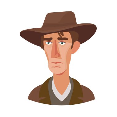 Kovboy adam, şirin çizgi film, Vahşi Batı. Düz vektör clipart, izole edilmiş arkaplan ile illüstrasyon.