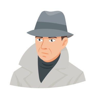 Erkek özel dedektif, şirin çizgi film. Düz vektör clipart, izole edilmiş arkaplan ile illüstrasyon.
