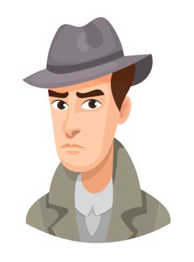 Erkek özel dedektif, şirin çizgi film. Düz vektör clipart, izole edilmiş arkaplan ile illüstrasyon.