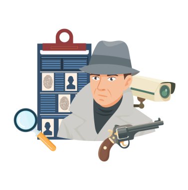 Suçu kanıtlıyor. - Dedektif. Düz vektör clipart, izole edilmiş arkaplan ile illüstrasyon.
