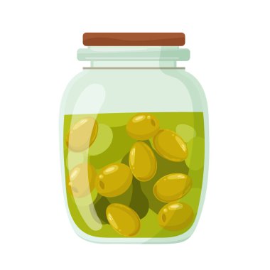 Cam kavanozda konserve zeytin. Düz vektör clipart, izole edilmiş arkaplan ile illüstrasyon.