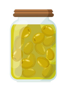 Cam kavanozda konserve zeytin. Düz vektör clipart, izole edilmiş arkaplan ile illüstrasyon.