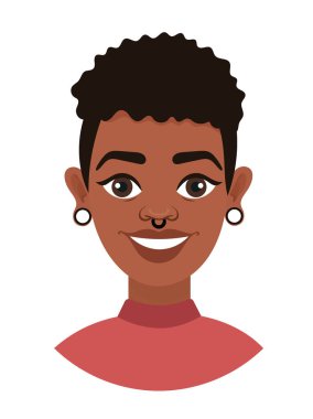 Kısa saç kesimi ve piercingleri olan esmer tenli bir kız, sevimli bir çizgi film karakteri. Düz vektör clipart, izole edilmiş arkaplan ile illüstrasyon.