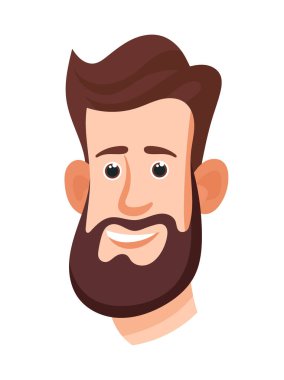 Sakallı, şık saç stili, sevimli çizgi film karakteri olan erkekler. Düz vektör clipart, izole edilmiş arkaplan ile illüstrasyon.