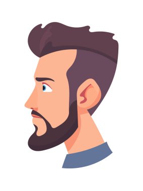 Sakallı, şık saç stili, sevimli çizgi film karakteri olan erkekler. Düz vektör clipart, izole edilmiş arkaplan ile illüstrasyon.