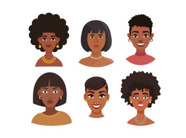 Siyah kadınlar, sevimli çizgi film karakterleri. Düz vektör clipart, izole edilmiş arkaplan ile illüstrasyon.