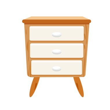 Beyaz çekmeceli ahşap masa. Düz vektör clipart, izole edilmiş arkaplan ile illüstrasyon.